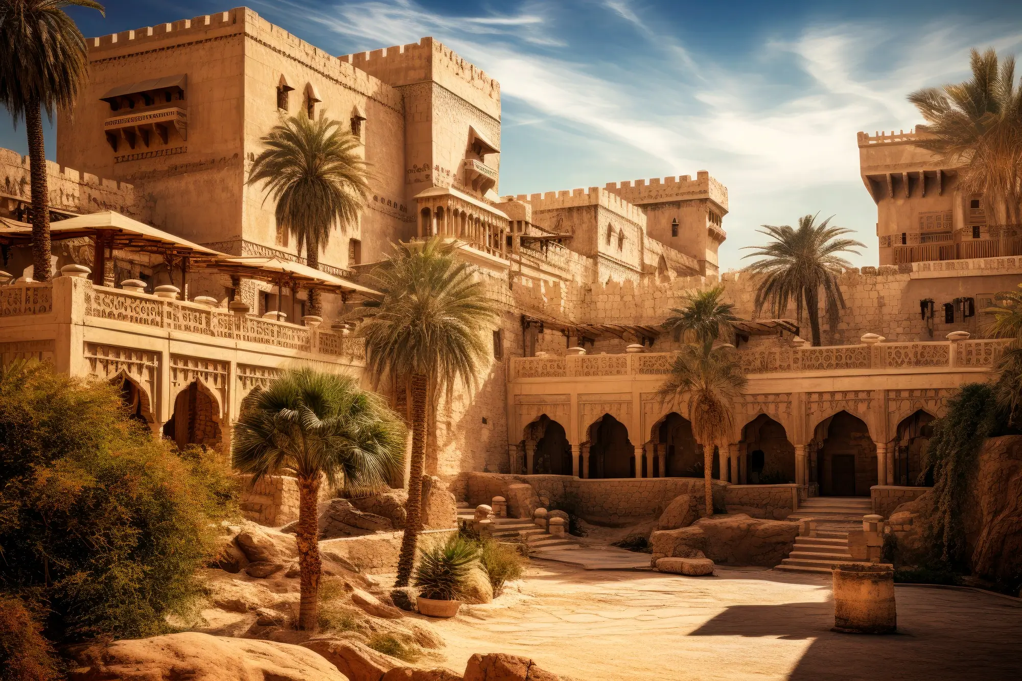 Traditional Middle Eastern architecture with palm trees and sunlit courtyard