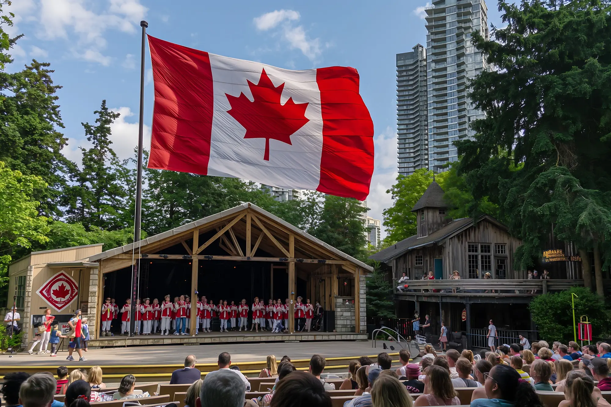 Large Canadian flag overlooking an outdoor cultural performance and audience