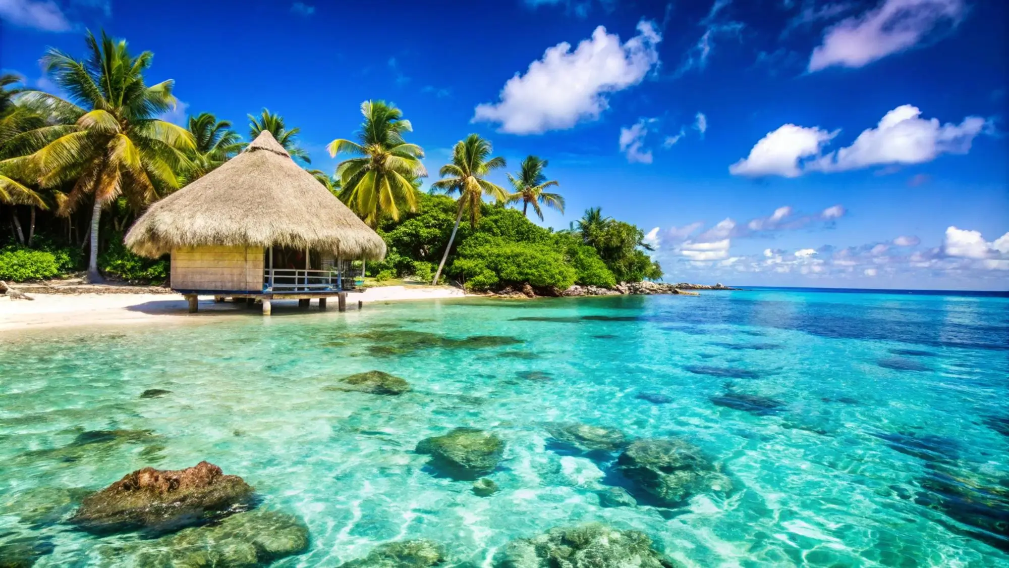 Tropical overwater bungalow surrounded by palm trees and crystal-clear turquoise sea