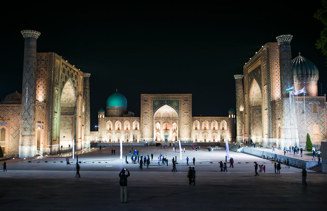 Registan Square illuminated at night in Samarkand, Uzbekistan