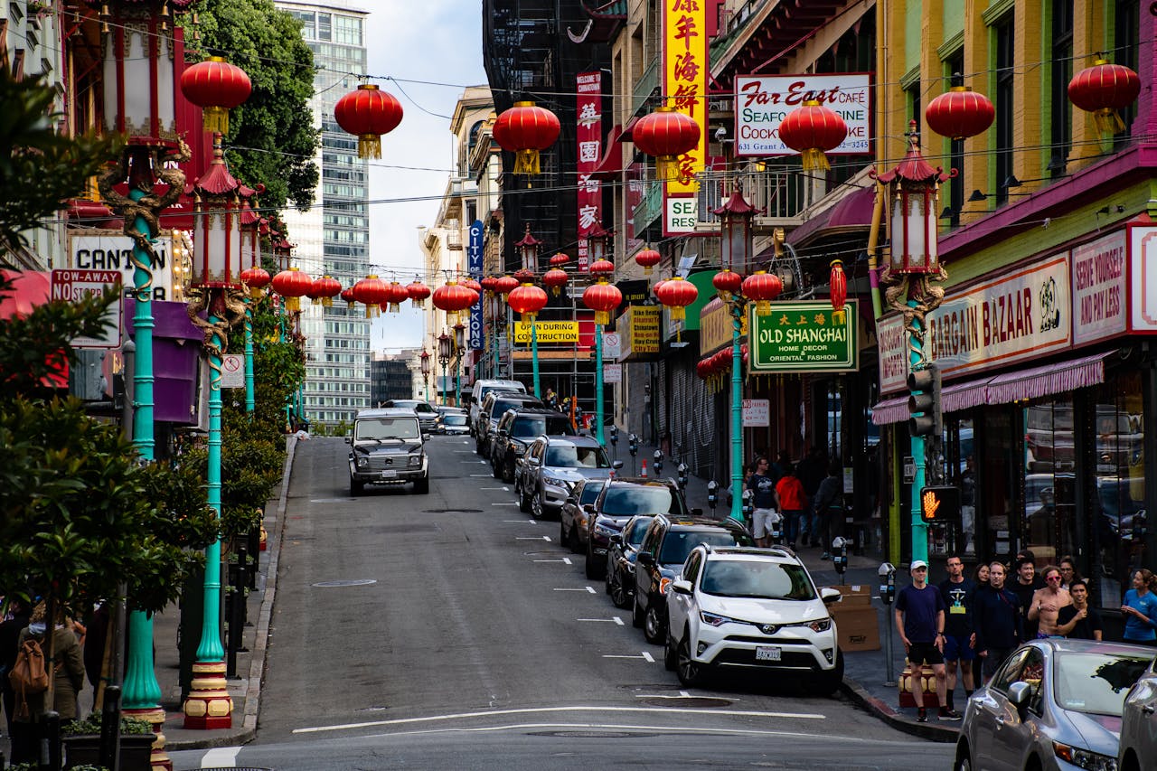 Colorful Chinatown street decorated with traditional red lanterns in San Francisco