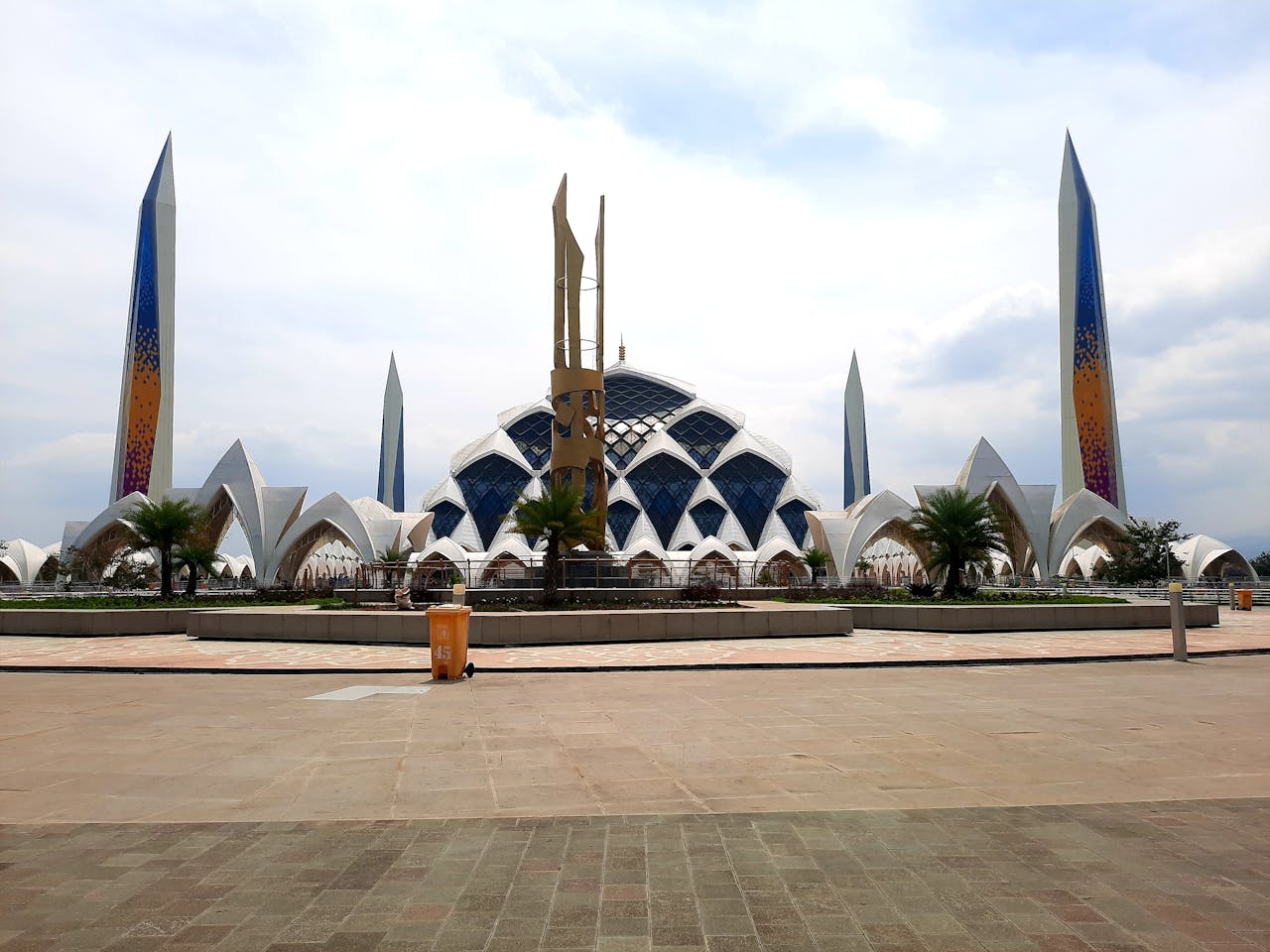 Modern mosque with distinctive dome and minarets in Indonesia