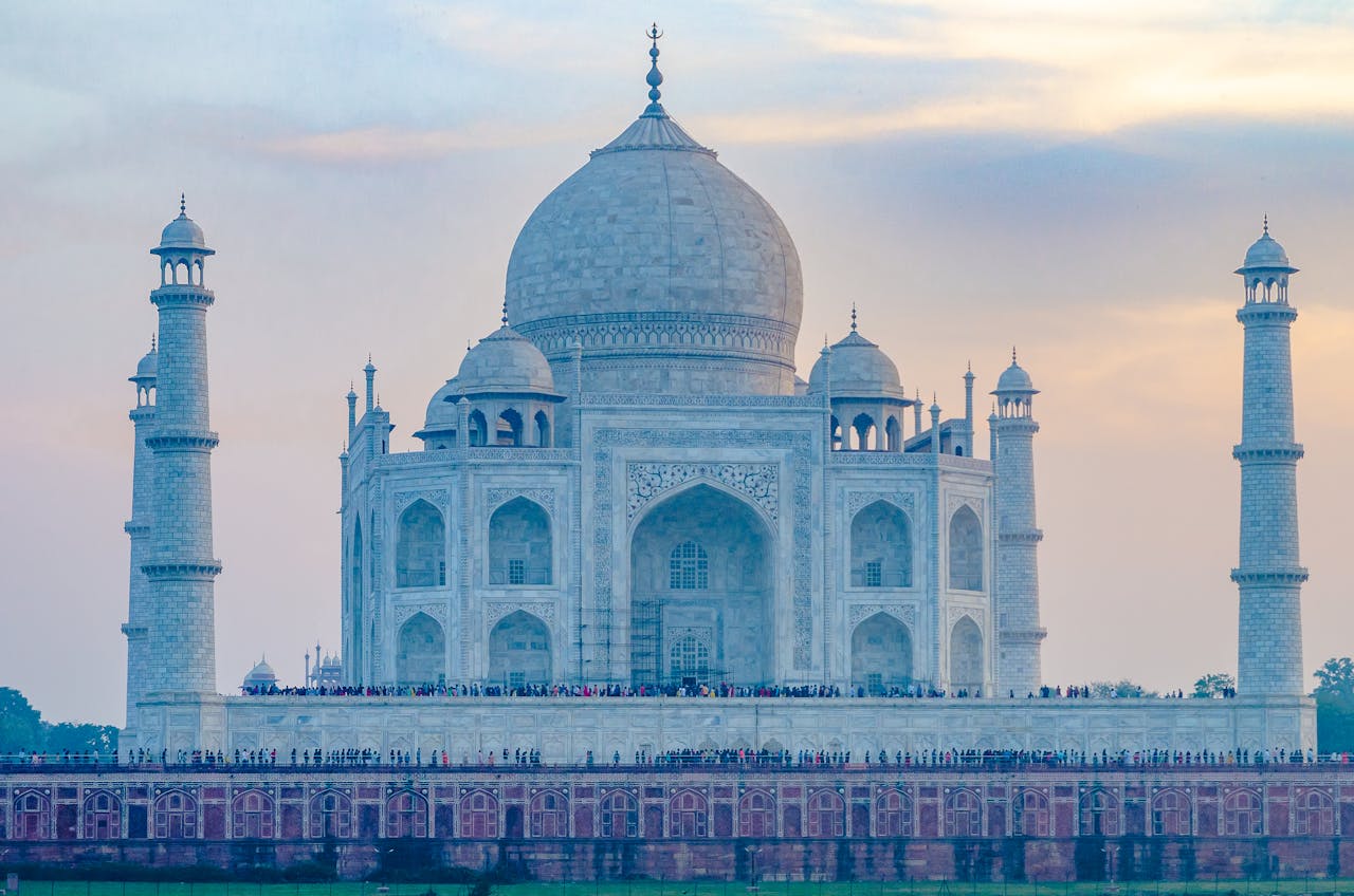 Taj Mahal with white marble dome and minarets in Agra, India