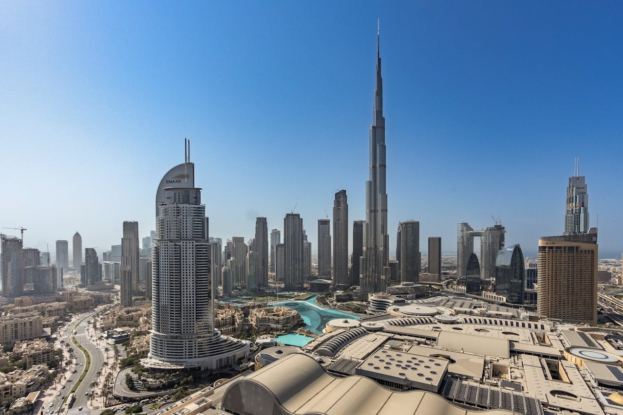Dubai skyline featuring Burj Khalifa under clear blue sky