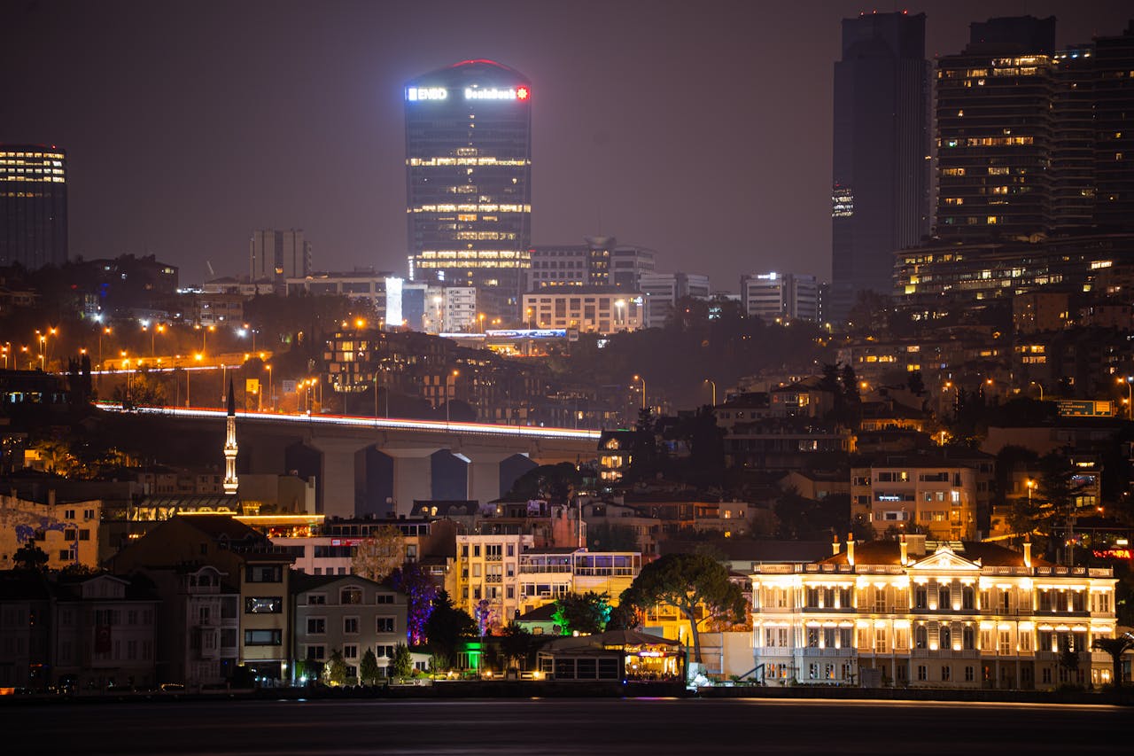 Illuminated Istanbul cityscape and Bosphorus waterfront at night