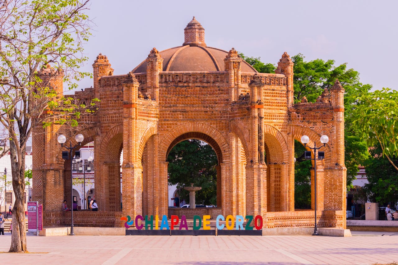 Historic brick fountain and arches at Chiapa de Corzo, Chiapas